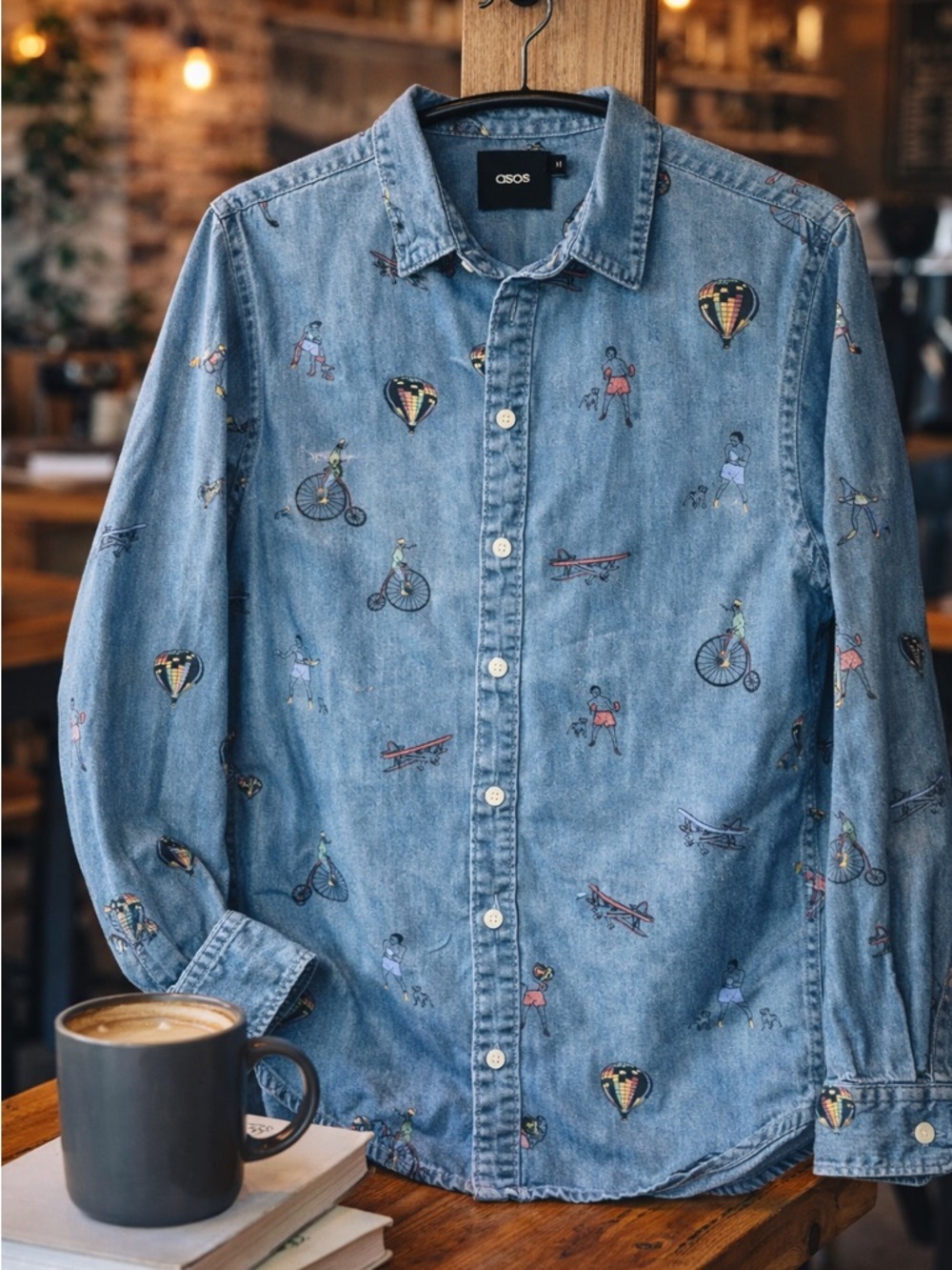 ASOS Denim Button Up Shirt Mens M Novelty Print Balloon Bike Boxer